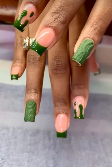 Green French tips with hand-drawn cactus art