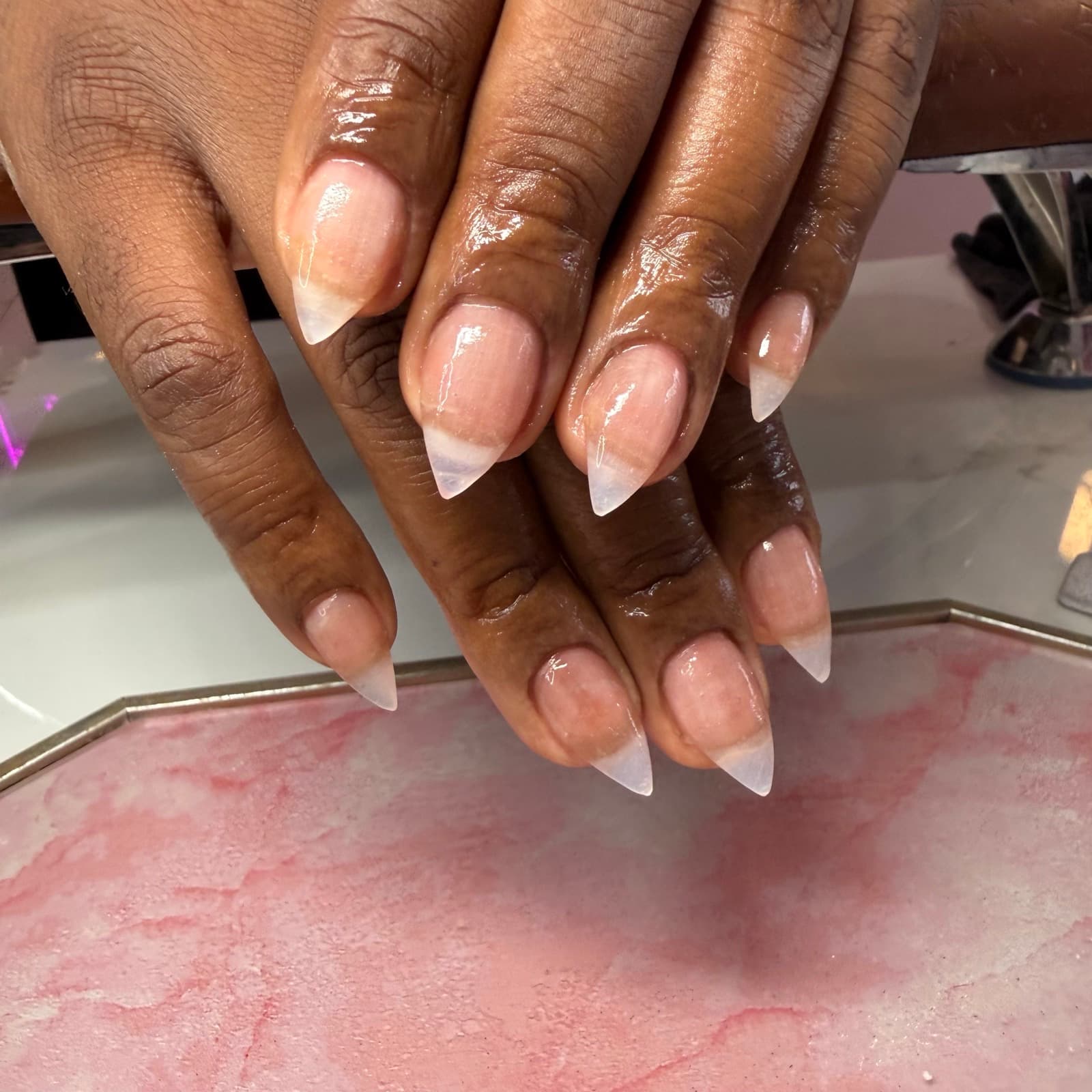 Nude stiletto set on pink marble